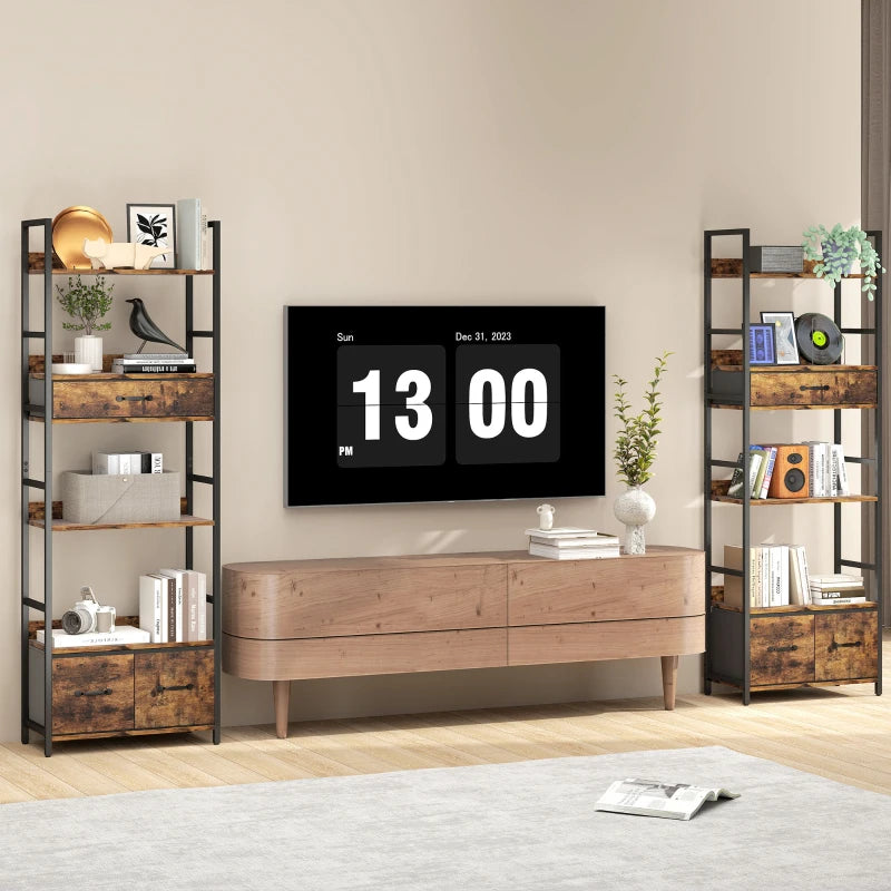 Industrial Style Bookcase with 4 Shelves & 3 Fabric Drawers - Brown & Black Storage Solution for Home or Office