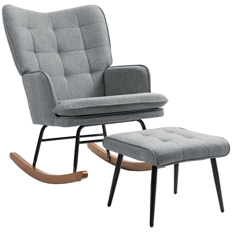 Stylish Grey Linen-Look Rocking Chair and Ottoman Set for Comfortable Relaxation