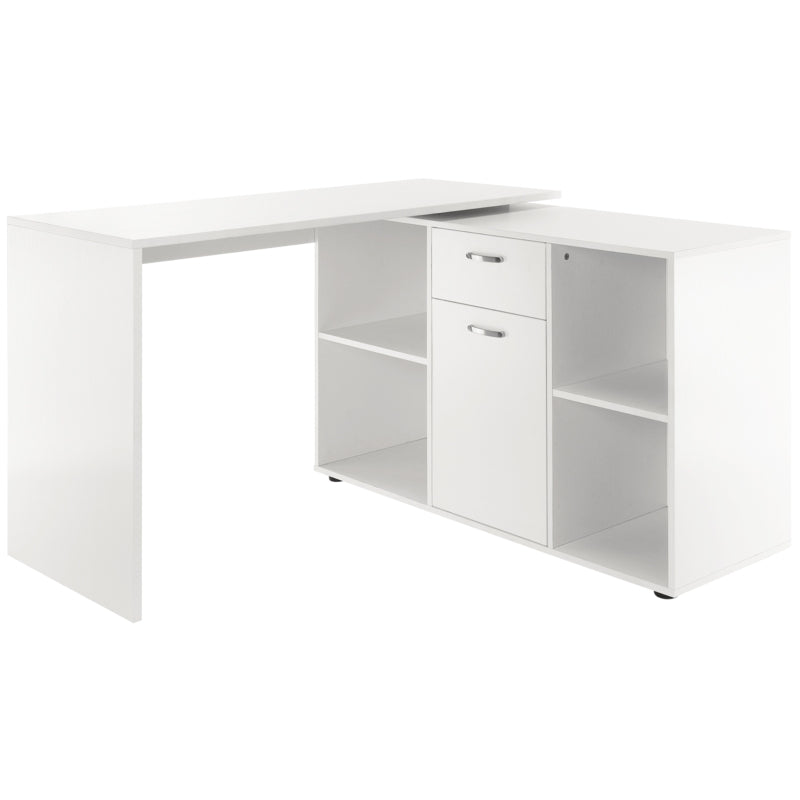 L-Shaped White Computer Desk with Storage, Drawer & Cabinet - Corner Laptop PC Workstation for Home Office, 120x115x76cm