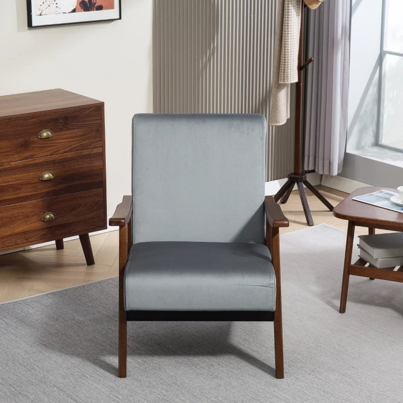 Nordic Accent Chair - Upholstered Velvet Armchair with Solid Wood Frame & Thick Padding for Living Room/Bedroom - Grey