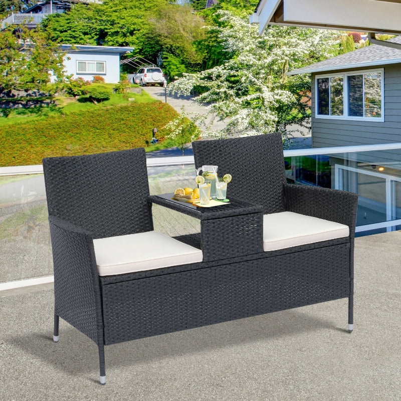 Black Rattan 2-Seater Outdoor Patio Loveseat with Drink Table