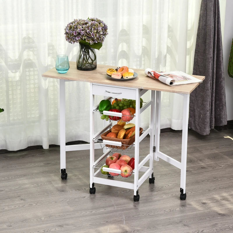 Drop-Leaf Kitchen Cart Trolley with 3 Baskets & Drawer - Rolling Storage Unit on 6 Wheels - White Oak Tone