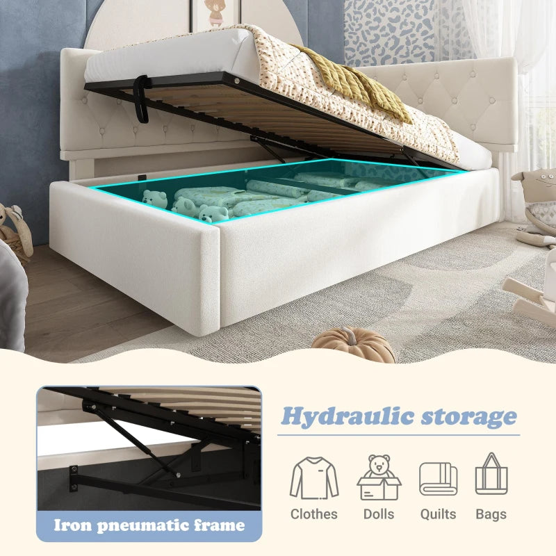 Upholstered Daybed Sofa Bed with Hydraulic Storage Ottoman, Reversible Headboard, 196x100x77 cm, Beige - Stylish & Functional