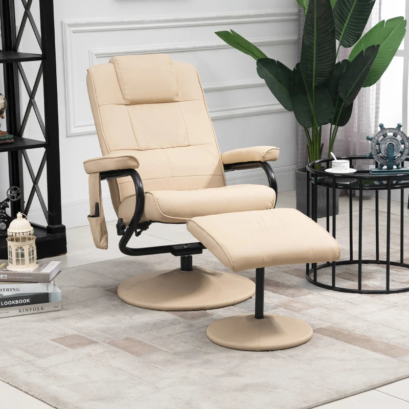 Cream PU Leather Reclining Armchair with Massage Function and Ottoman - Manual Sofa Chair