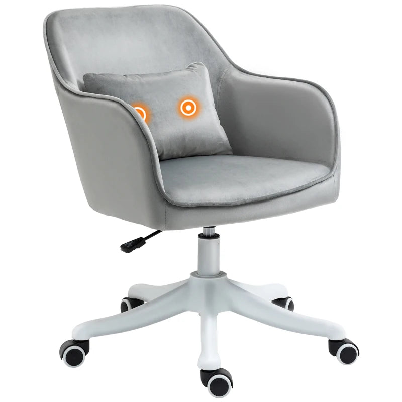 Vinsetto Grey Velvet Office Chair with Massage Lumbar Pillow, Rolling Wheels - Stylish Desk & Makeup Vanity Chair for Home