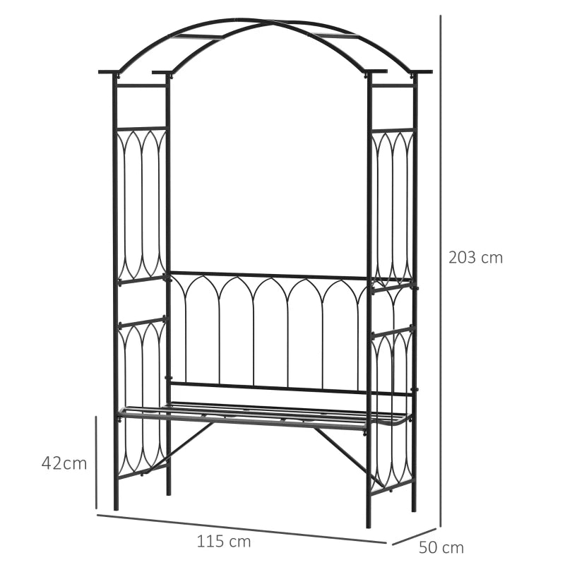 Black Metal Garden Bench with Arch for Climbing Plants, 115x50x203 cm