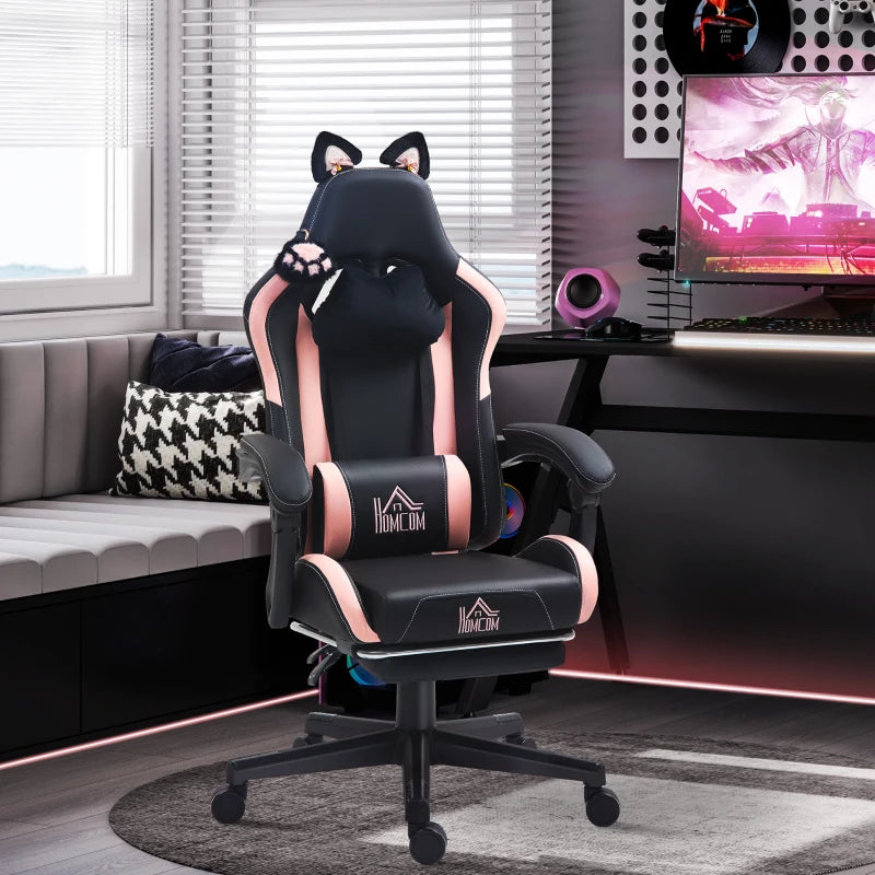 Cat Ear & Paw Reclining Office Chair with Footrest - Stylish Black & Pink Gaming Chair for Cat Lovers