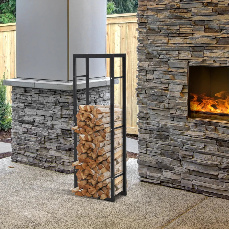 Tall Metal Firewood Log Holder Rack - Indoor Outdoor Fireplace Wood Storage Shelf, Rust-Resistant, Black, 40W x 25D x 150H cm