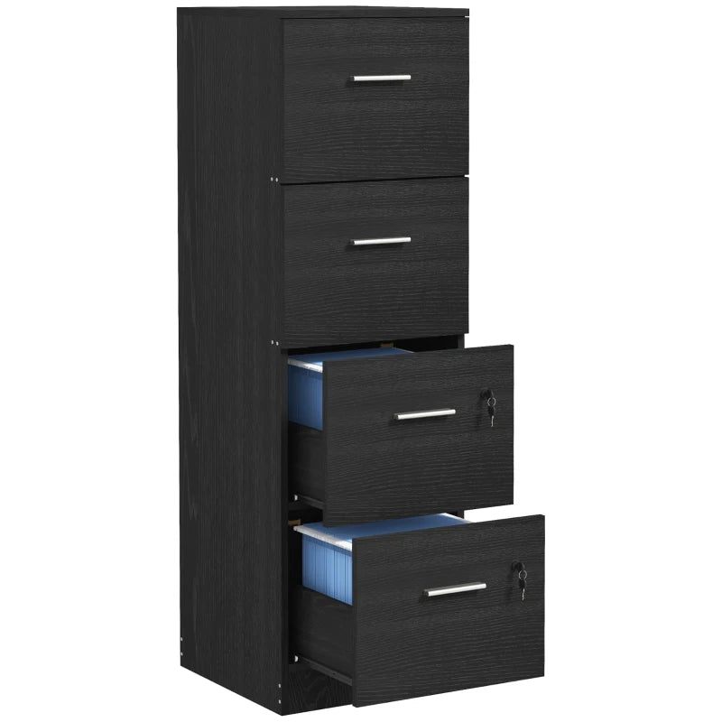 Stylish Black Wood Effect Four-Drawer Lockable Filing Cabinet for Secure Document Storage - Ideal for Home or Office