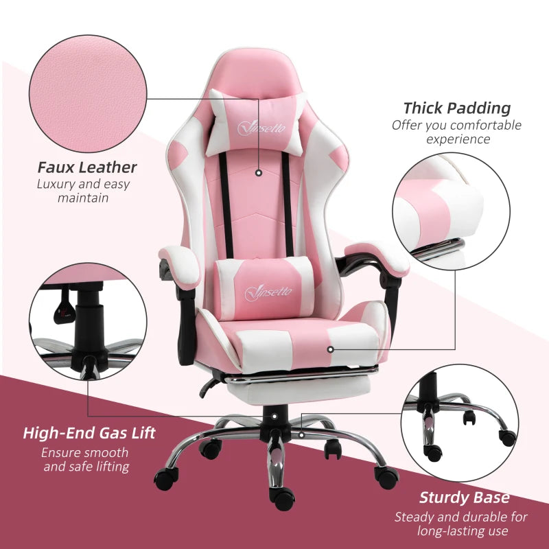 Vinsetto Pink Ergonomic Gaming Chair - PU Leather Reclining Computer Chair with Footrest, Lumbar Support & Adjustable Height for Adults