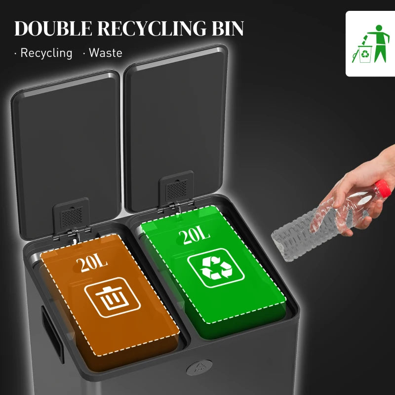 40L Dual Compartment Stainless Steel Trash Bin with Deodoriser Holders - Stylish Black Waste Management Solution