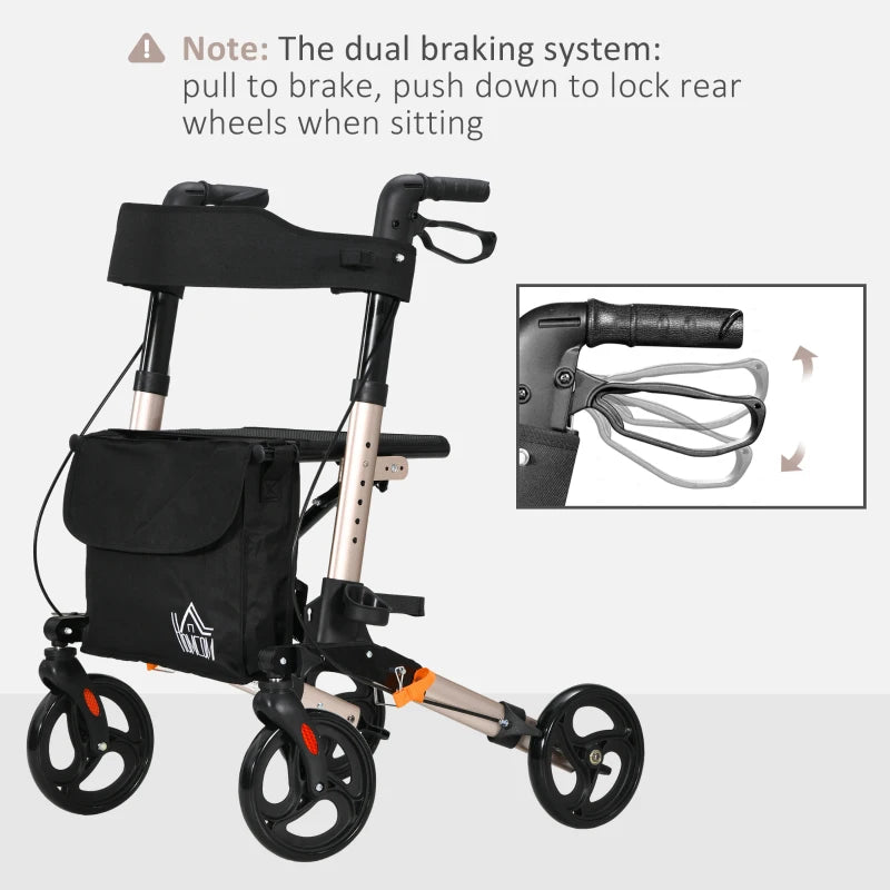 Lightweight Aluminium 4 Wheel Rollator with Seat and Back for Seniors Adjustable Height Folding Mobility Walker with Carry Bag Dual Brakes Cane Holder Gold Tone