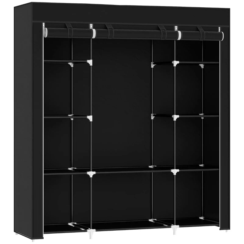 Portable Foldable Fabric Wardrobe Clothes Storage Organizer with Hanging Rail and Shelves Black