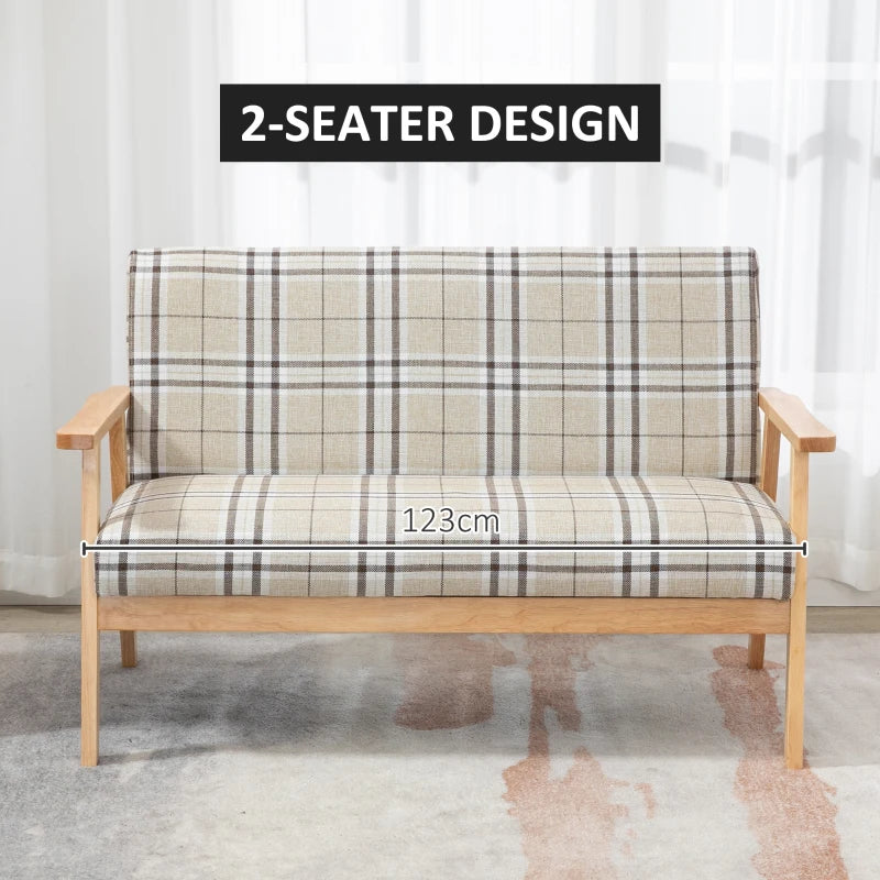 Compact Loveseat Sofa with Lattice Design and Rubber Wood Frame in Beige and Coffee