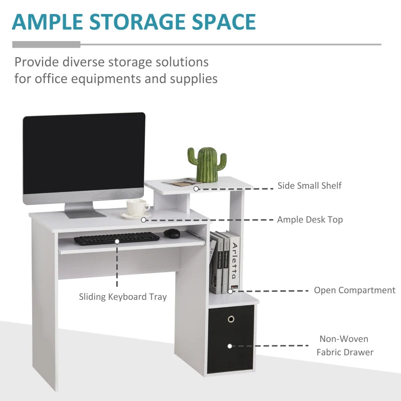 Modern White Computer Desk with Sliding Keyboard Tray, Storage Drawer & Shelf - Ideal Home Office Workstation