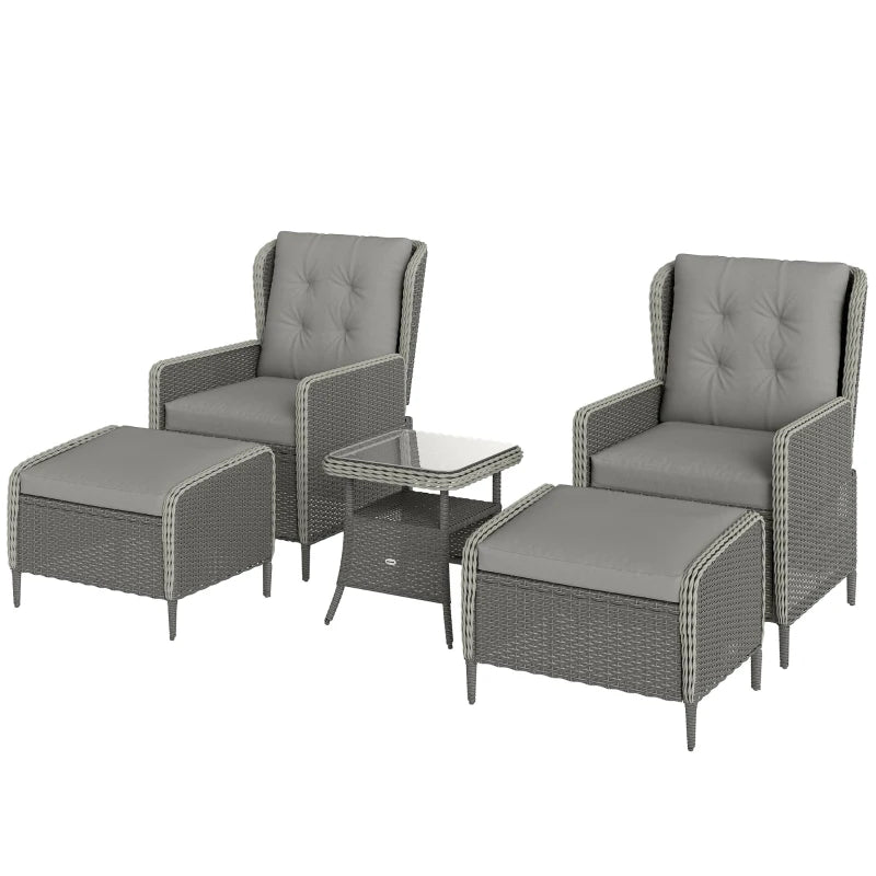 Five-Piece Charcoal Grey Reclining Rattan Chair Set for Outdoor Relaxation