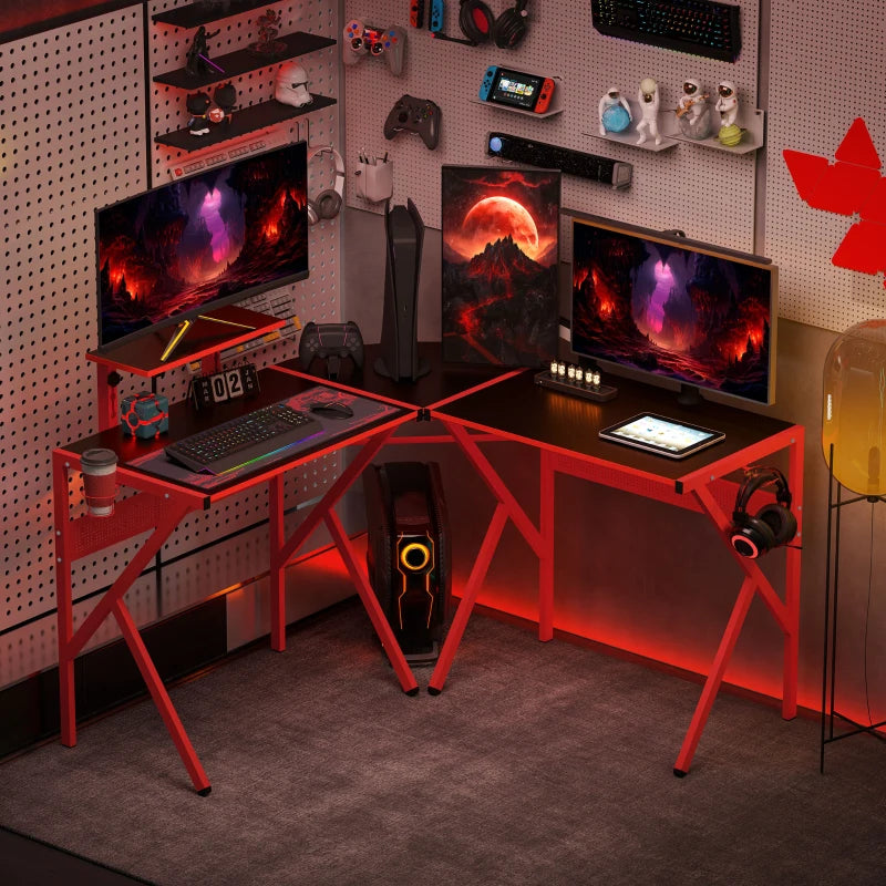 L-Shaped Gaming Desk for Home Office - Adjustable Monitor Stand, Cup Holder & Headphone Hook - 125x125x75cm, Red