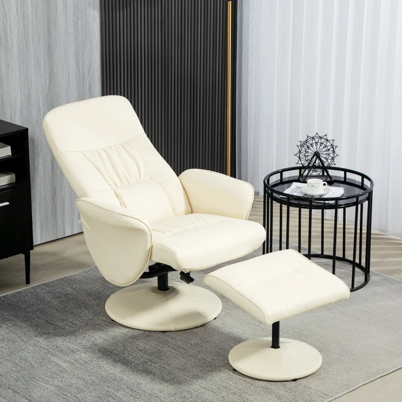 Cream White Swivel Recliner Chair with Footstool - PU Leather Armchair and Ottoman for Living Room