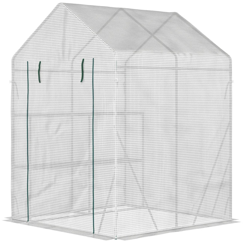 Portable Greenhouse with 2 Tier Shelf, Roll-Up Door, PE Cover - Green, 143x143x195cm