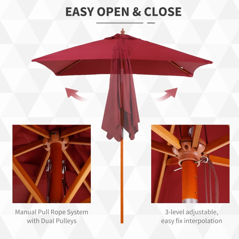 Wine Red 2m x 1.5m Tilting Garden Parasol Umbrella with Wood and Bamboo Frame