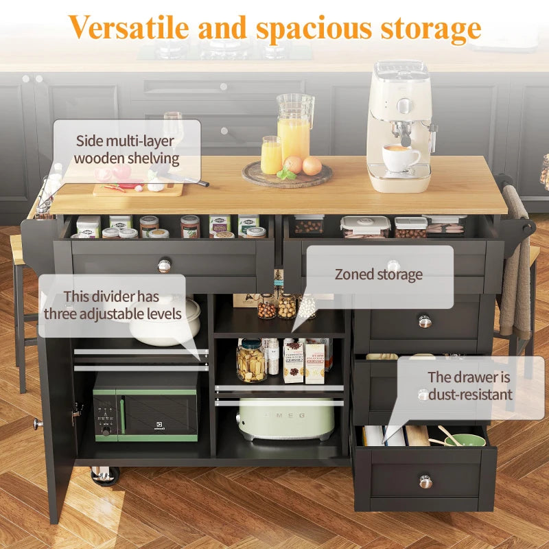 4-Tier Rolling Kitchen Island with Versatile Storage - Black Wooden Finish for Utensils & Kitchen Organization