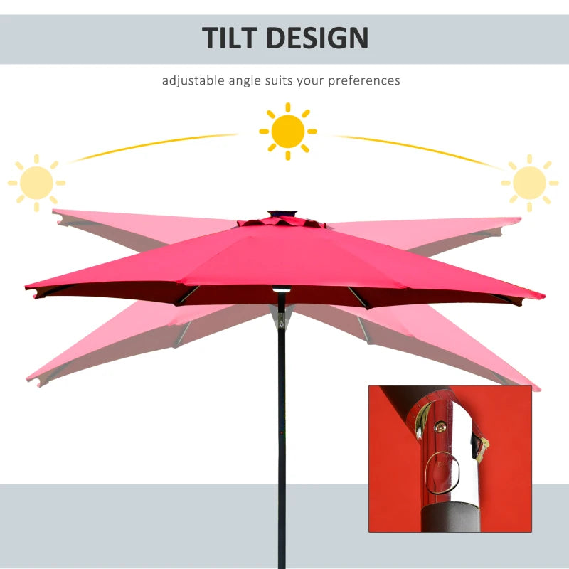 Red Solar LED Garden Parasol - 2.7m Sun Umbrella