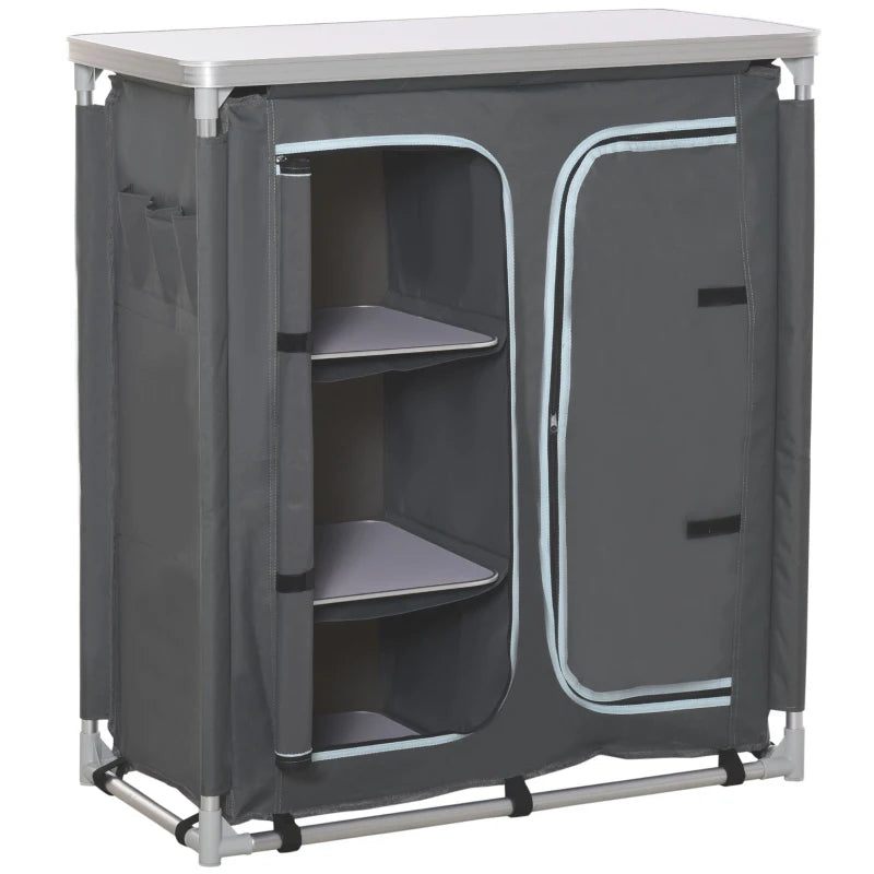 Aluminum Camping Cupboard & Kitchen Station - 3-Shelf Cook Table Storage Organizer for BBQ, Party & Picnic