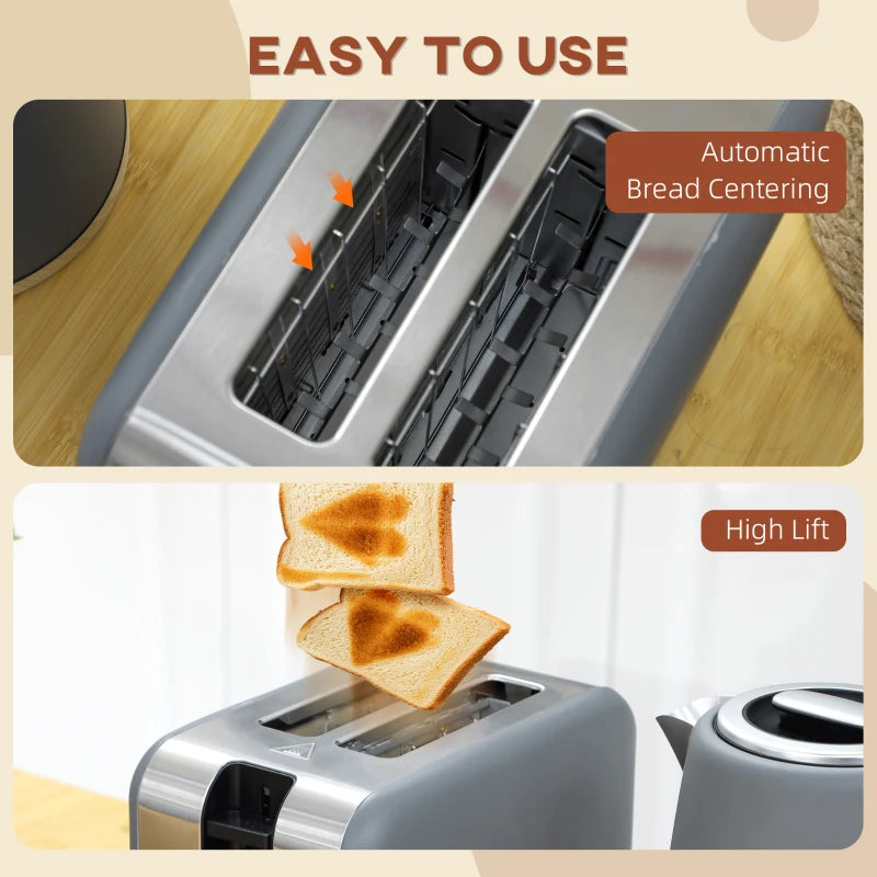 Stainless Steel Kettle & Toaster Set - 1.7L Fast Boil Kettle 3000W & 2 Slice Toaster with 7 Browning Levels, Grey
