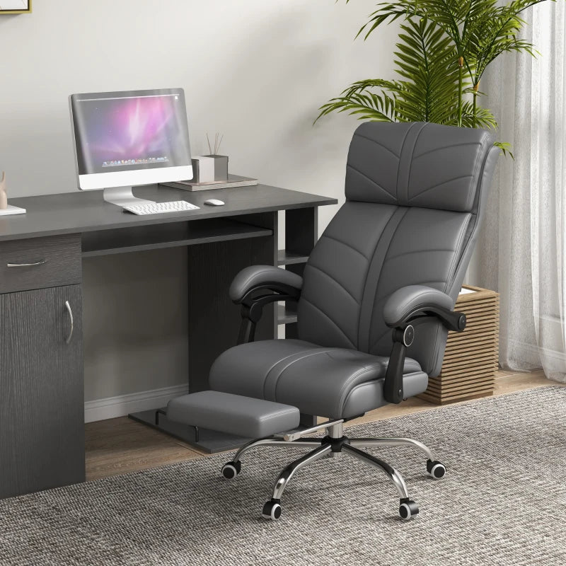 Vinsetto High Back Massage Office Chair with Heat & Footrest - Grey PU Leather Reclining Computer Chair