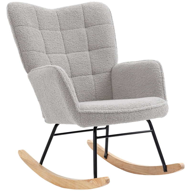 Berber Fleece Nursery Glider Rocker for Nursing, Wingback Rocking Chair in Light Grey for Living Room