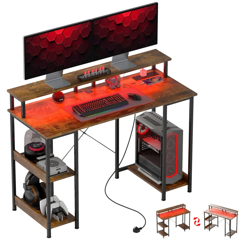Rustic Brown LED Computer Desk with Power Outlets & Shelves - Modern Home Office Furniture for Productivity