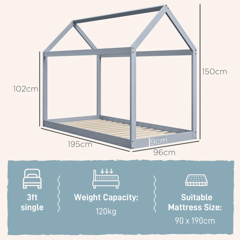 Scandinavian Style Single Bed Frame - Grey Pine Wood Base for 90x190cm Mattress - Modern Wooden Bed Design