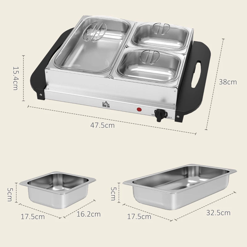 4.5L Stainless Steel Electric Buffet Server with 3 Trays & Lids - Perfect for Parties & Catering