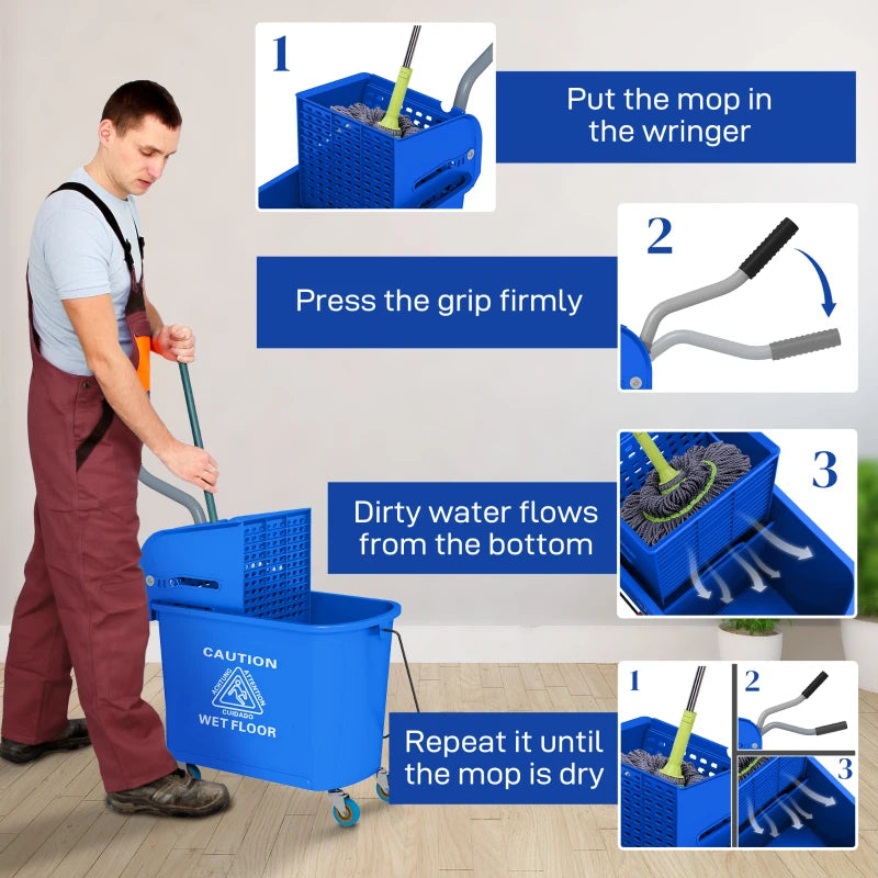 20L Compact Mop Bucket on Wheels with Water Separation Panel - Blue | Ideal for Easy Cleaning and Storage