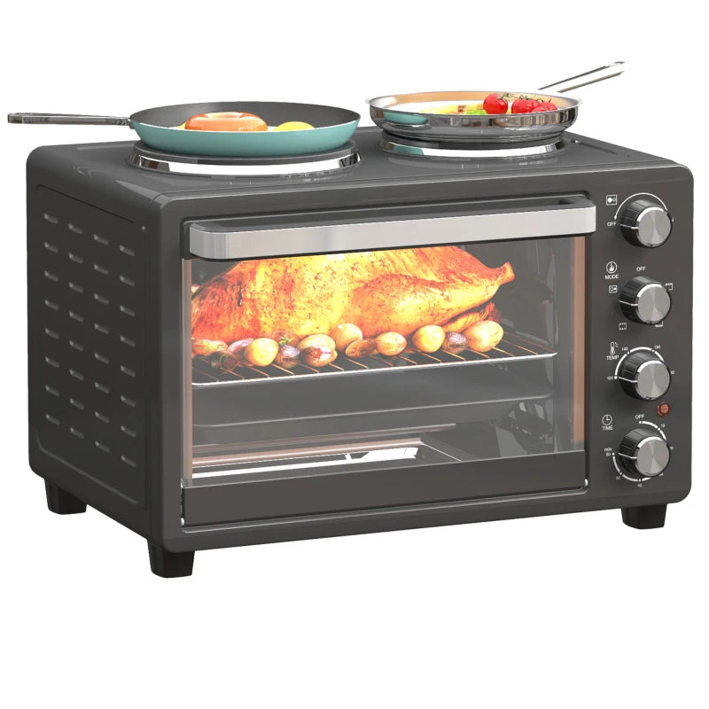 28L Electric Mini Oven with 2 Hot Plates - Countertop Toaster Oven for Baking, Grilling & Roasting - 2600W, Black
