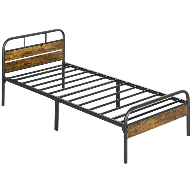 Industrial-Style Black and Brown Single Bed Frame - Sturdy Metal and Wood Design for Modern Bedrooms