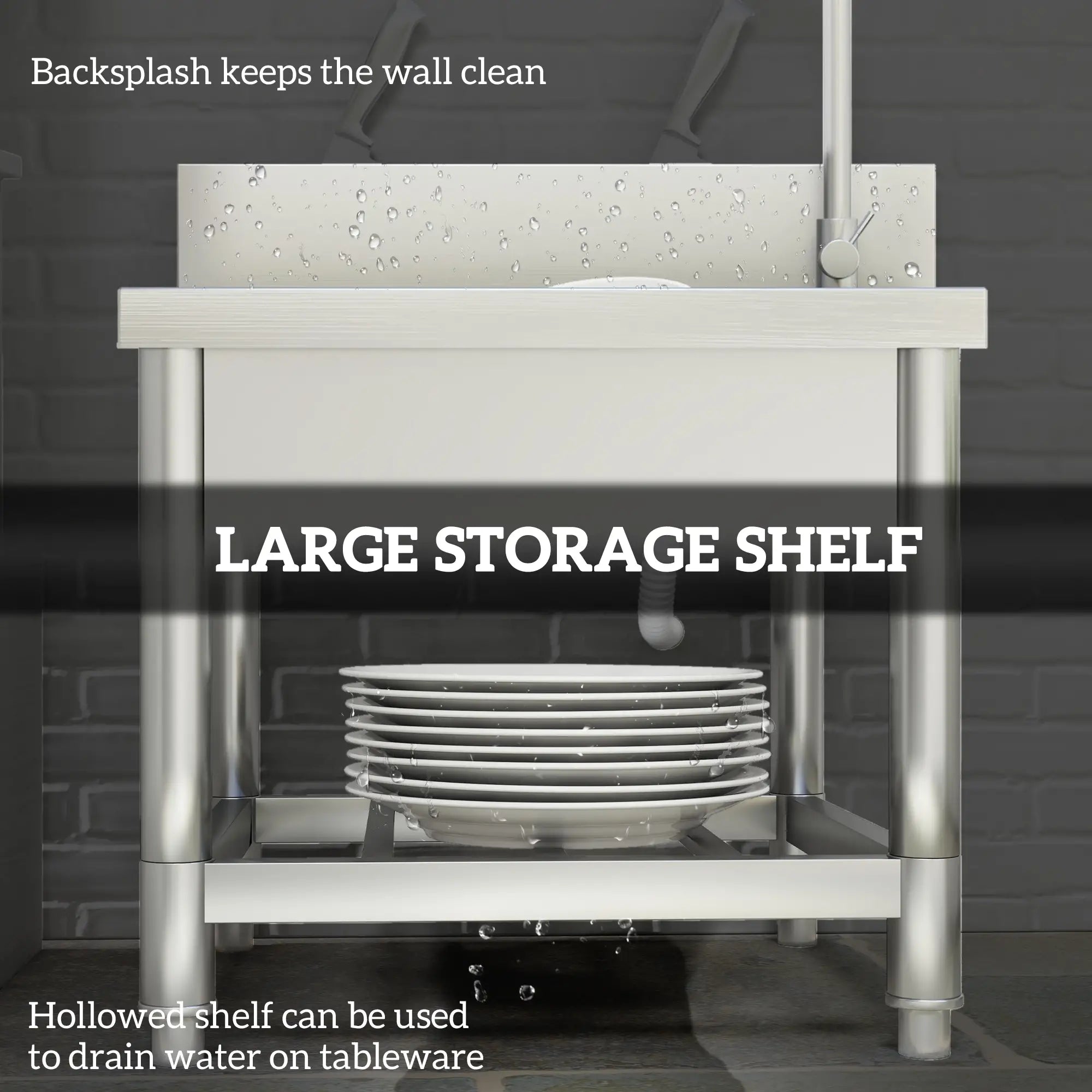 Outdoor Utility Sink - Free Standing Single Bowl Kitchen Sink with Cold and Hot Water Pipe and Storage - for Laundry Garage