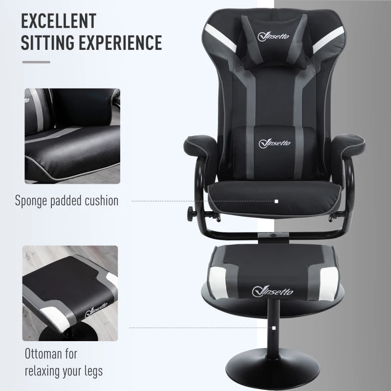 Vinsetto Grey Reclining Chair and Stool Set - Ergonomic Recliner with Headrest, Lumbar Support, Pedestal Base for Home Office