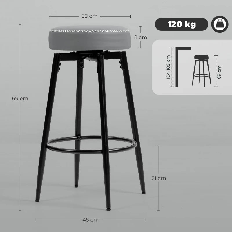 Stylish Set of 2 Faux Leather Bar Stools - Modern Grey and Black Design for Kitchen or Home Bar