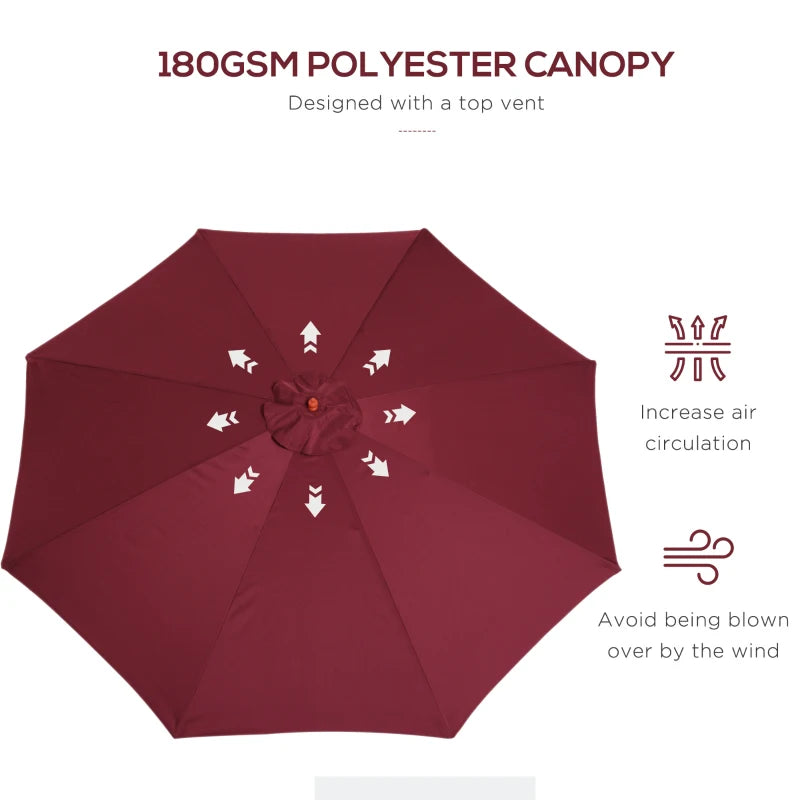 Wine Red 3m Wooden Patio Umbrella with Pulley Mechanism