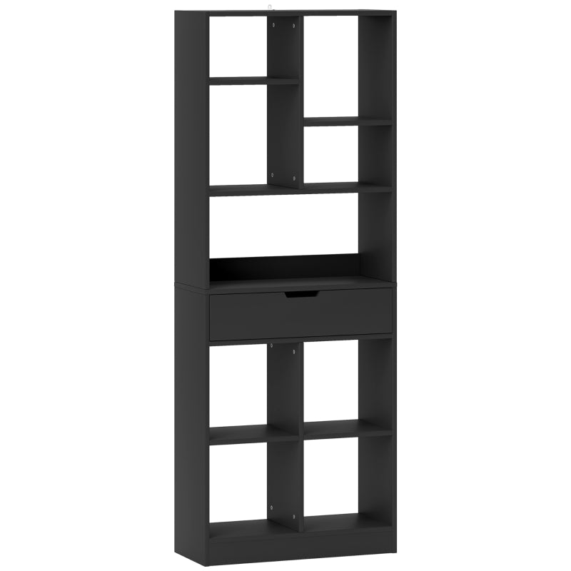 Tall Black Bookshelf with Drawer - Freestanding Bookcase for Bedroom, Living Room & Home Office Storage Solution