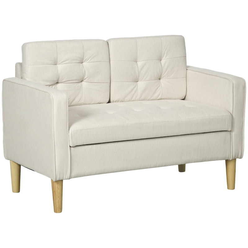 Compact Modern Loveseat Sofa with Hidden Storage, 117cm Tufted Cotton Couch, Cream White, Ideal for Small Spaces