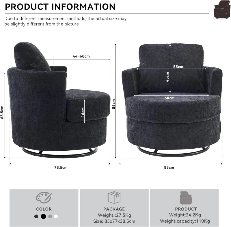 Dark Grey Chenille Swivel Recliner with Back Cushion and Thick Foam Pad, Adjustable Faux Leather, 360° Swivel