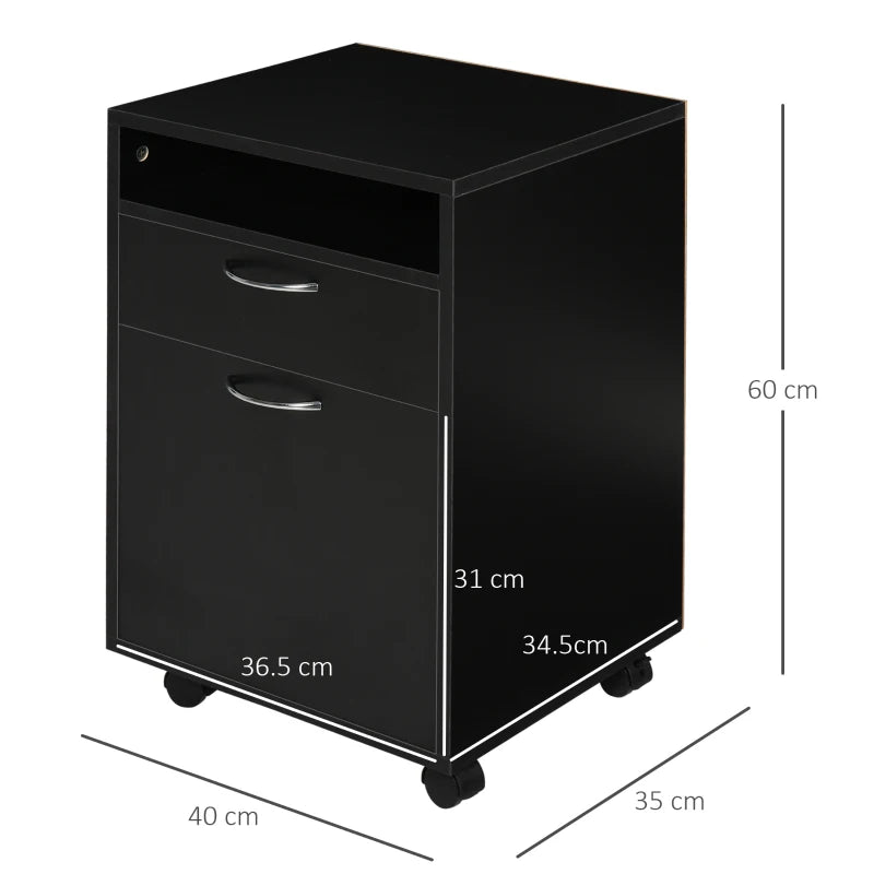 60cm Mobile Filing Cabinet with Drawer & Open Shelf, 4 Wheels, Metal Handles - Black Office Home Organizer for Printers