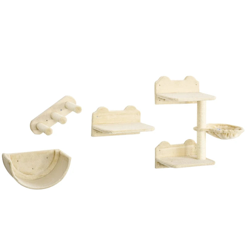 4PC Wall-Mounted Cat Shelves Set with Scratching Post, Hammock & Nest - Beige Cat Furniture for Climbing & Relaxing