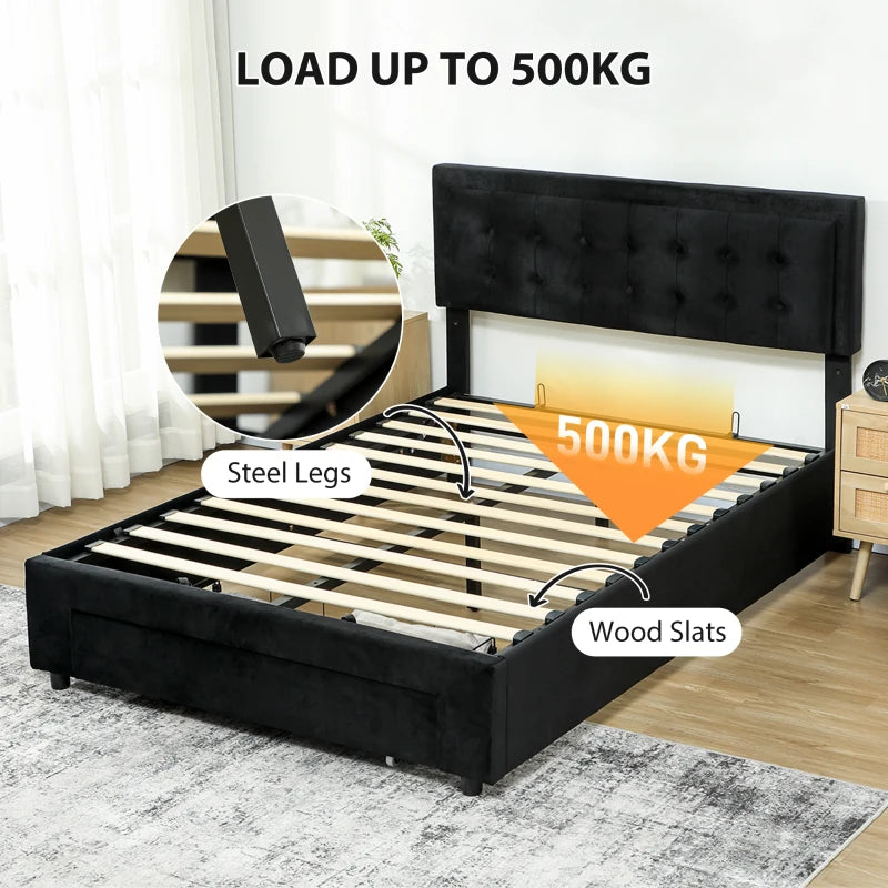 Stylish King Size Black Ottoman Bed Frame with Front Drawer - Space-Saving Storage Solution for Modern Bedrooms