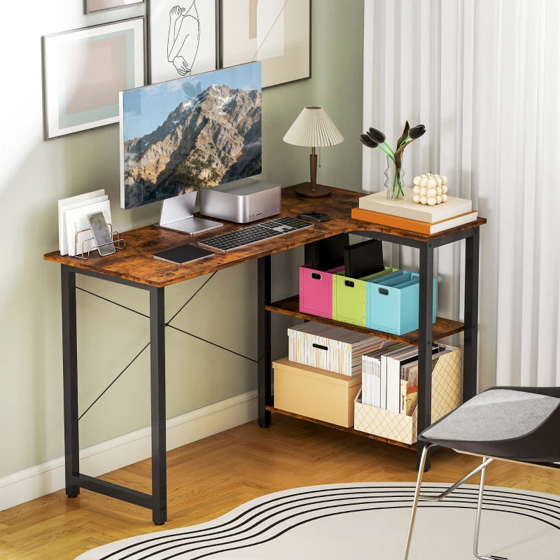 Rustic Brown L Shaped Desk with Bookshelf - Corner Computer Desk for Home Office & Study Room, 120x73.2x75cm