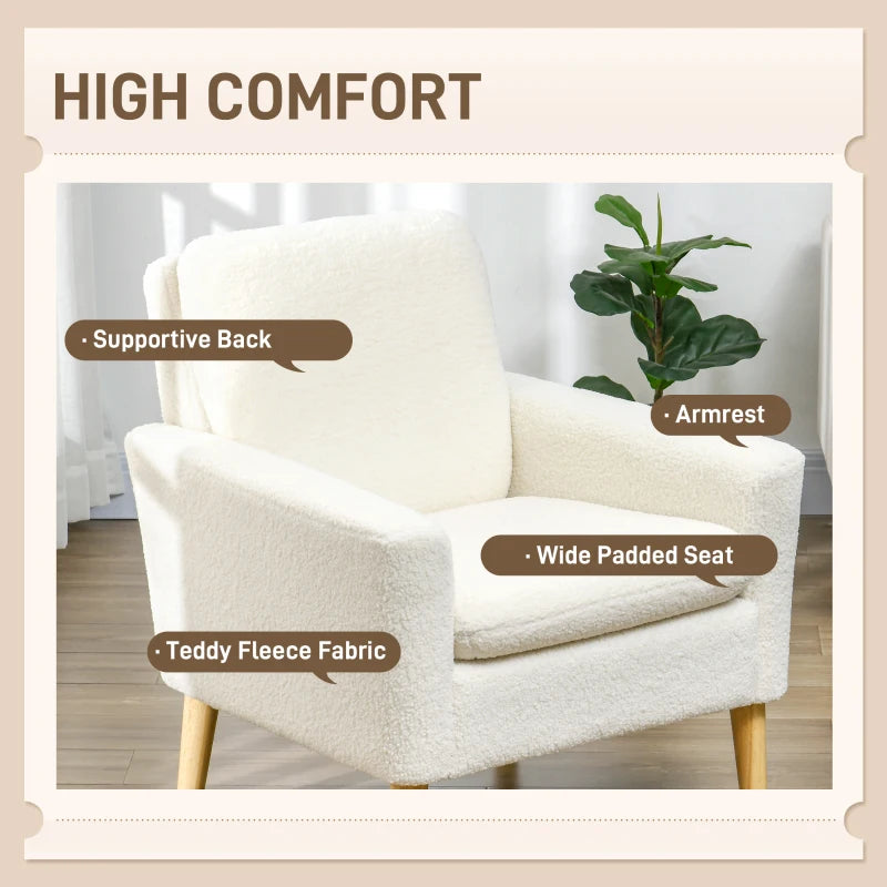 Upholstered Accent Armchair with Wooden Legs and Wide Padded Seat in Cream White, Teddy Fabric Occasional Chair