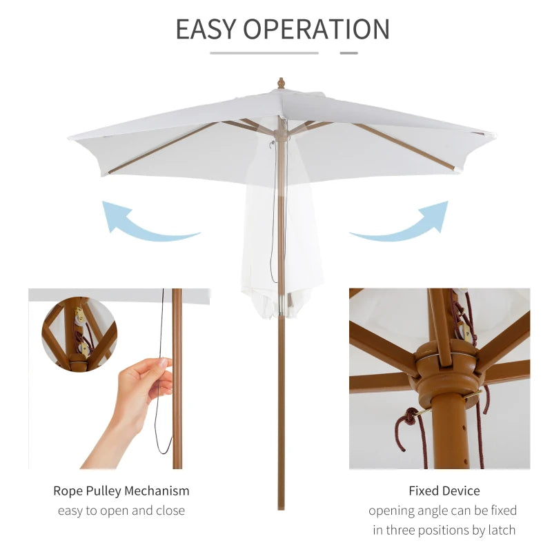 White 2.5m Wood Patio Umbrella with 6 Ribs and Top Vent