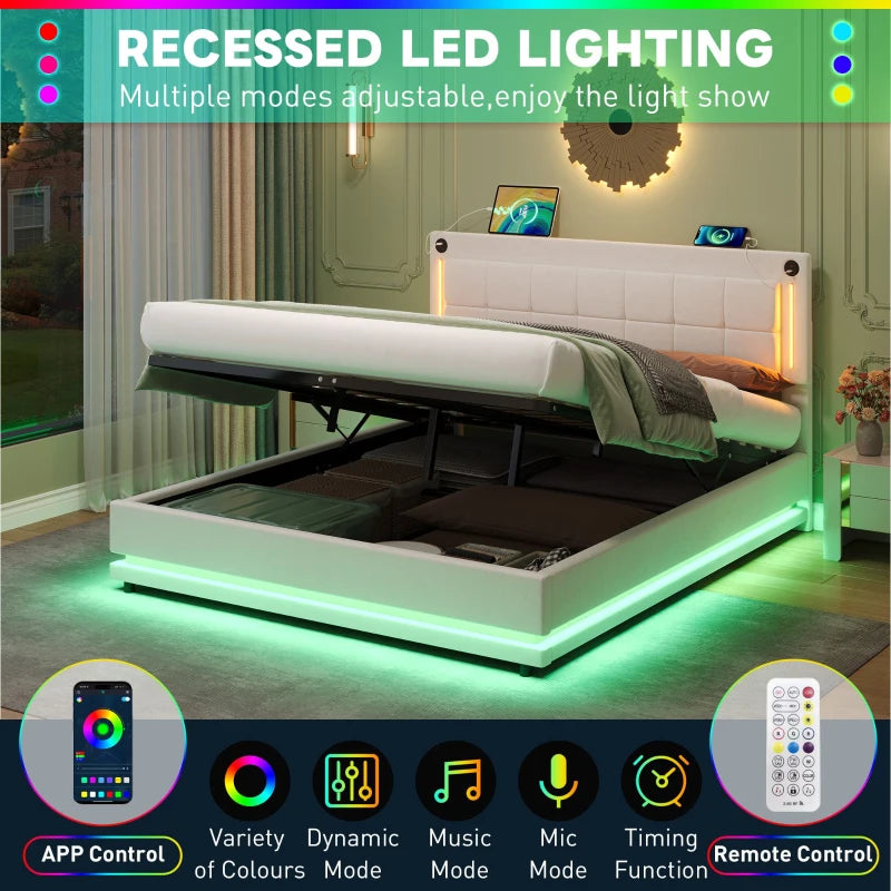 King Size LED Hydraulic Bed with Charging Station Adjustable Tufted Headboard Space Saving Design Beige